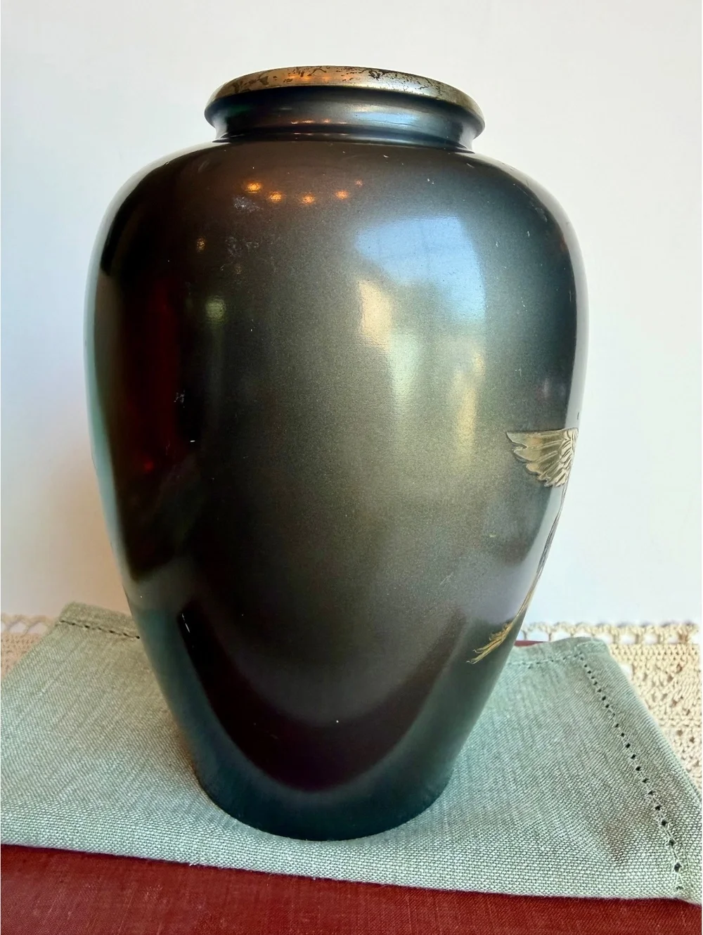 Vintage Japanese Metal Vase Cranes Herons Etched Waves Made in Japan 8.5